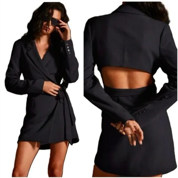 NWT By Anthropologie Tie Waist Blazer Mini Dress Black Cutout Corpcore Size 16‎ - Picture 1 of 6